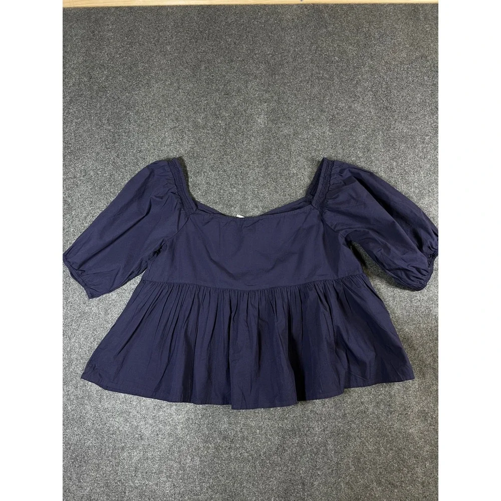 Free People Navy Blue Cotton Puff Sleeve Babydoll Blouse Top Large